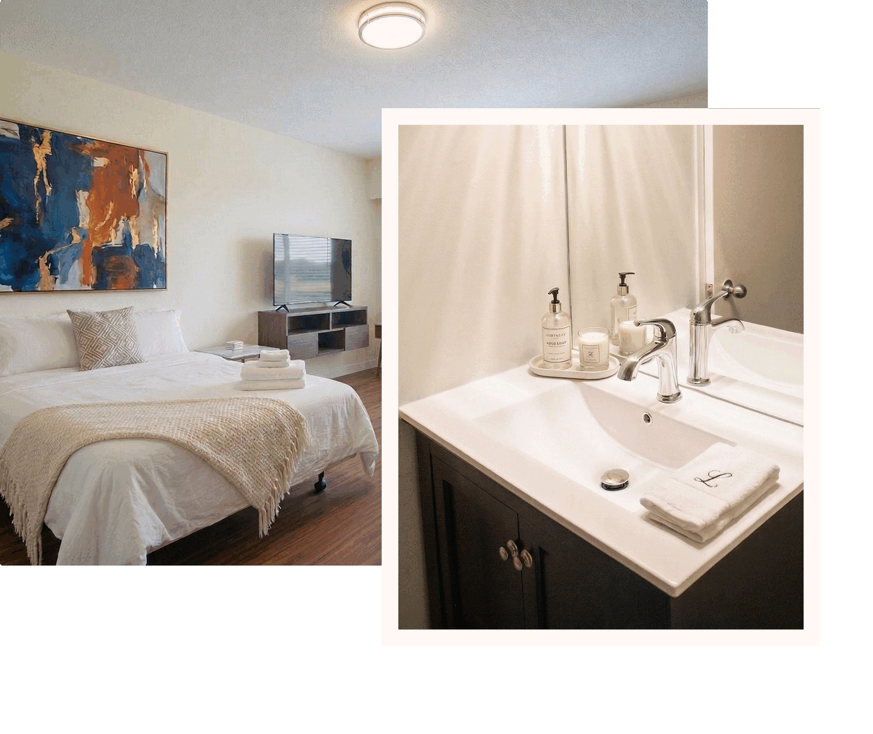 A Luminaire suite bedroom alongside its modern furnished bathroom
