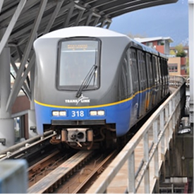 SkyTrain Canada Line vehicle arriving at a Vancouver station