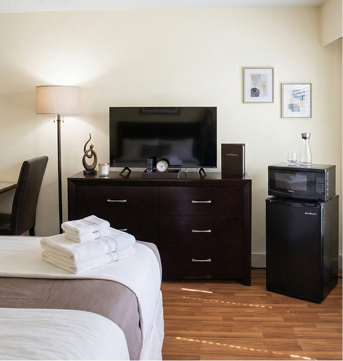Studio suite with TV, dresser, and microfridge
