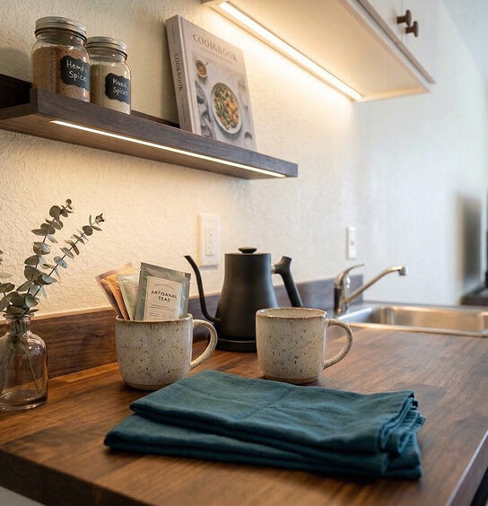 Kitchenette detail with wooden counter, mugs, kettle, and open shelf