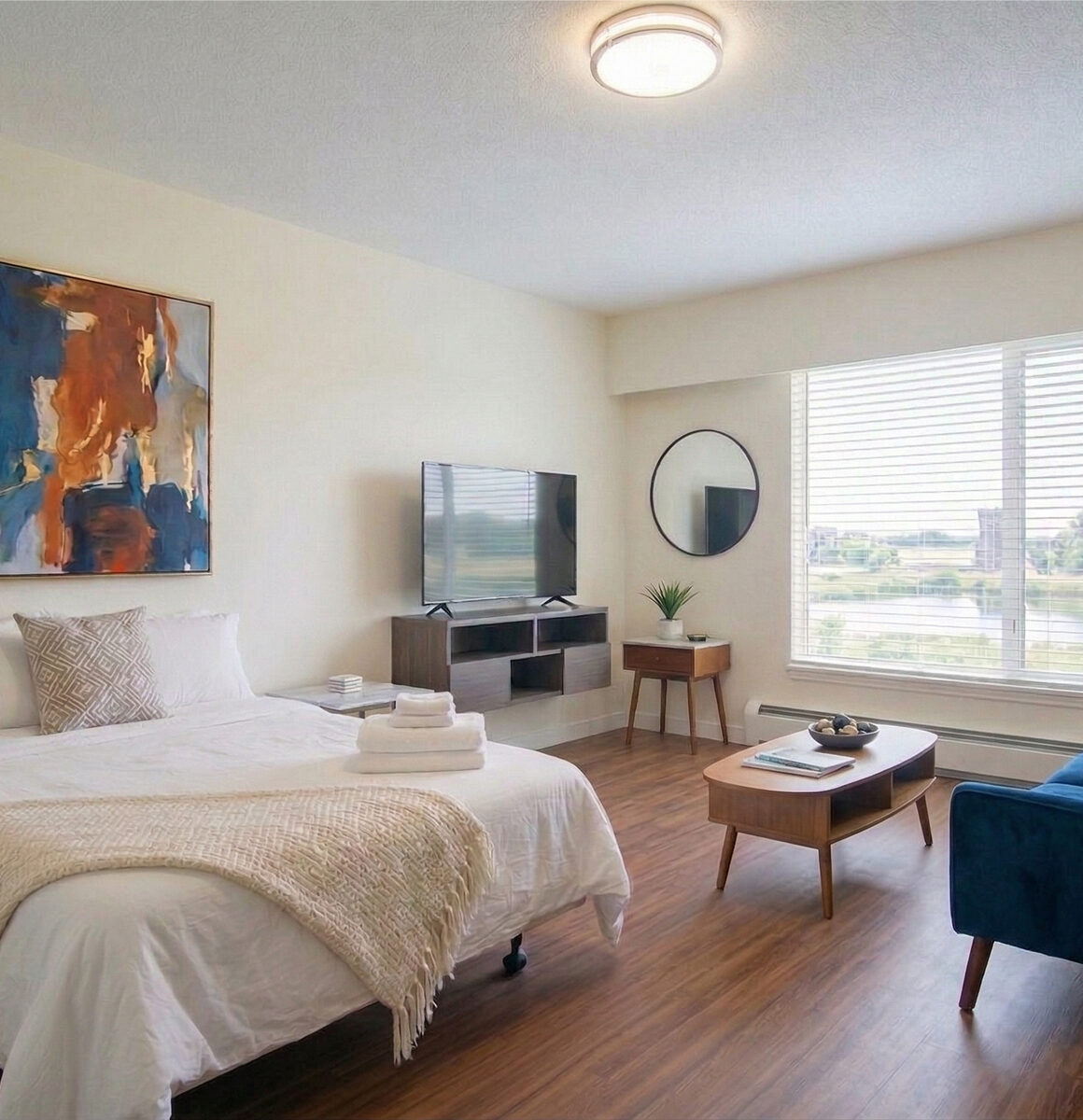 Furnished studio suite with bed, TV, sofa, and window overlooking the river